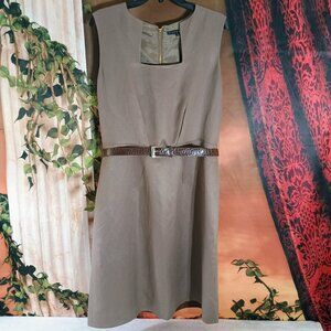EUC Antonio Melani Sz 12 Taupe Linen Tencel Belted Sheath Dress Career Classic